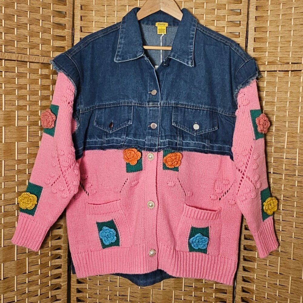 Daisy Flower Detail Layered Sweater Denim Jacket Pink L NWT